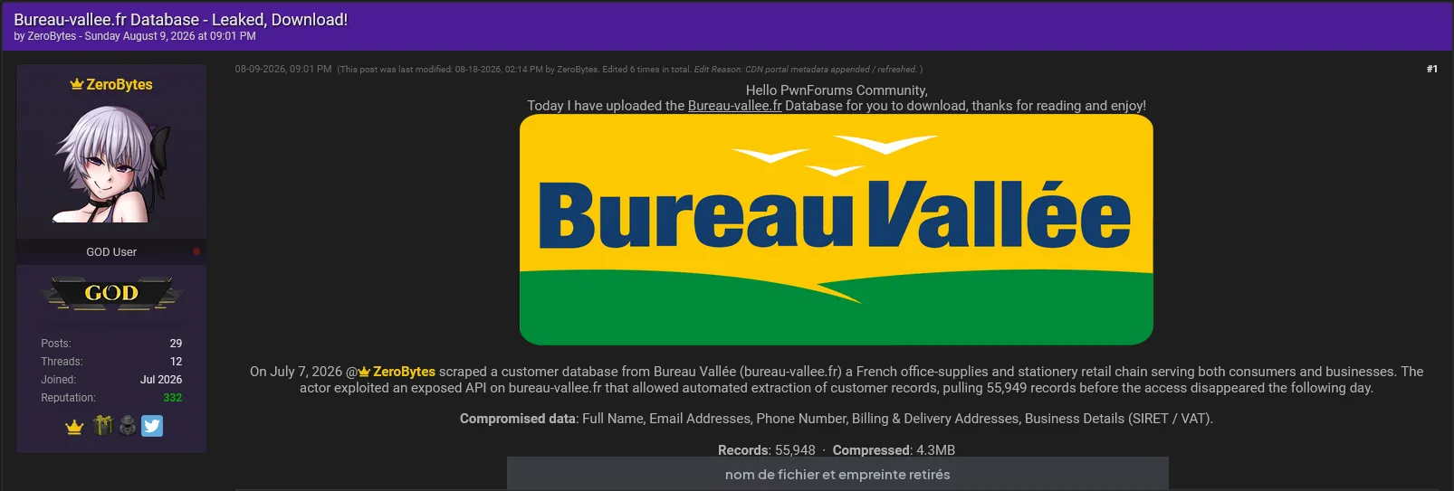 Revendication du 9 août 2026 visant Bureau Vallée, 55 949 enregistrements extraits via une API exposée