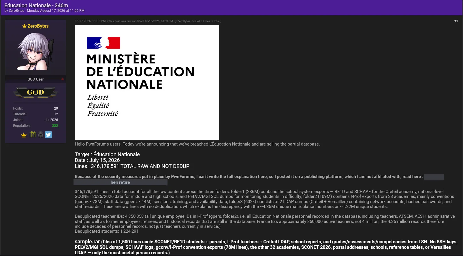 Revendication du 17 août 2026 visant le ministère de l'Éducation nationale, 346 178 591 lignes
