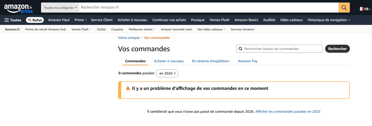 Amazon en panne mondiale : commandes disparues, historiques à zéro et impossibilité d’acheter